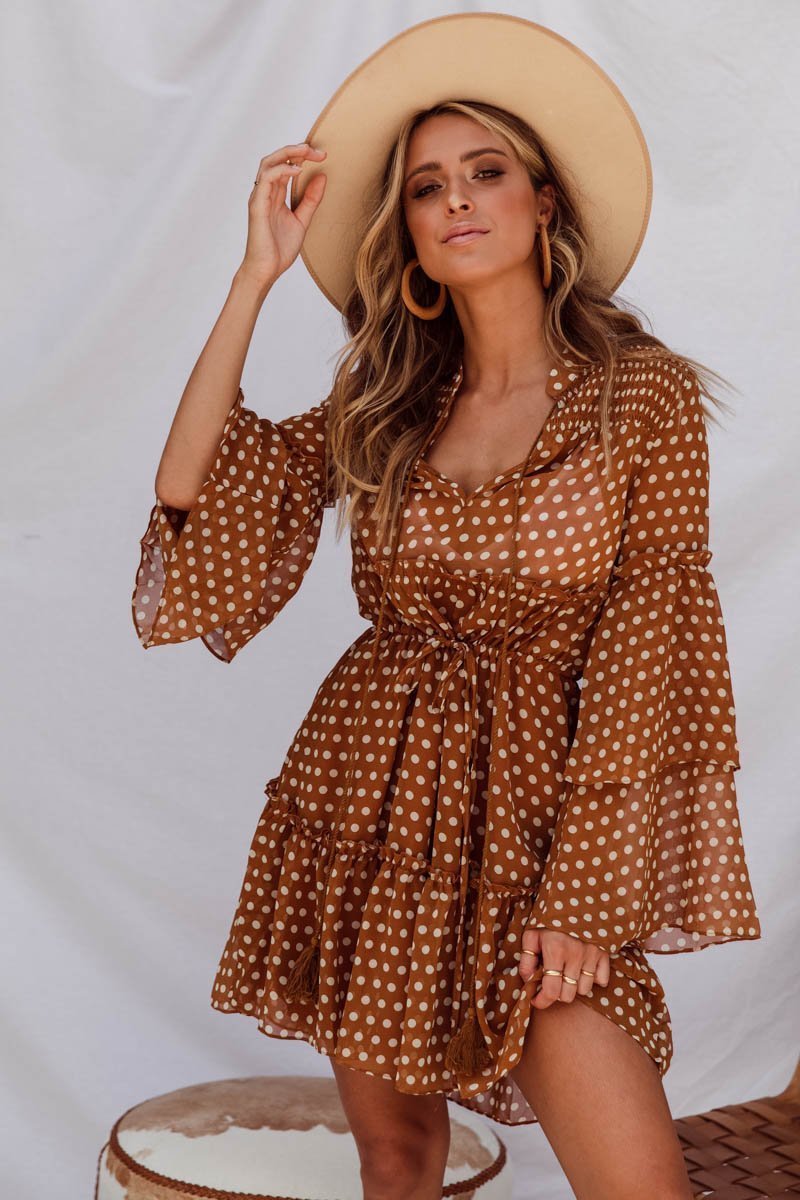 connie mini dress Connie Polka Dot Mini Dress in Caramel Latte | SNDYS