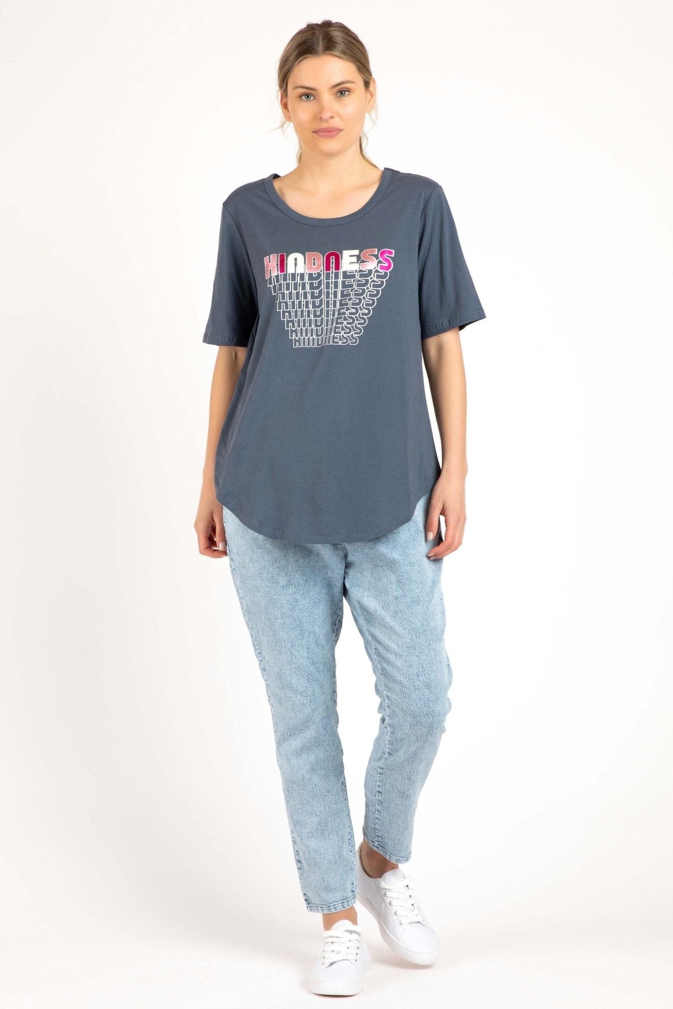 Betty Basics Ariana Tee in Grey - Kindness Print - Hey Sara