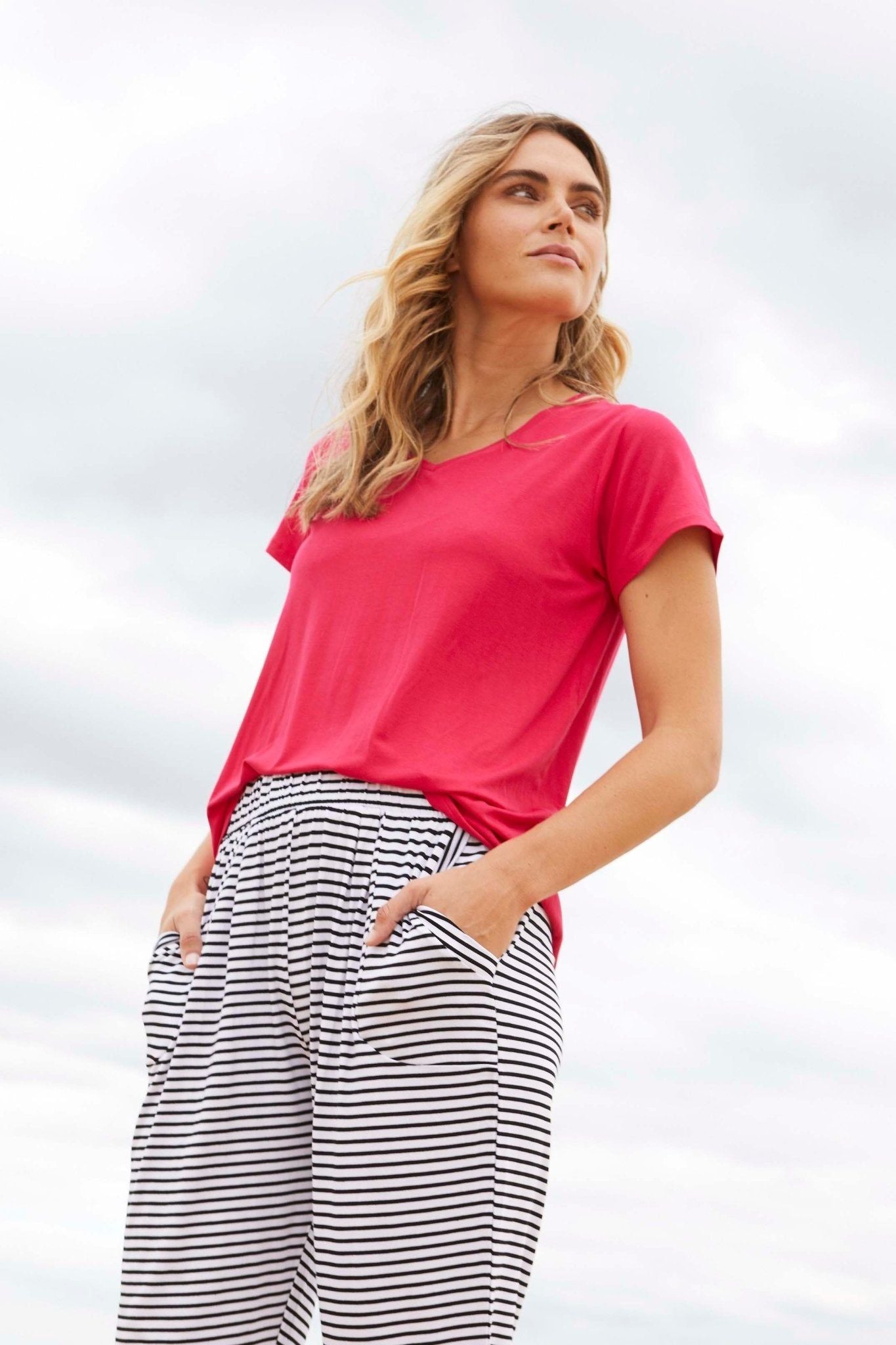Betty Basics Matilda V-Neck Tee in Rose Red - Hey Sara