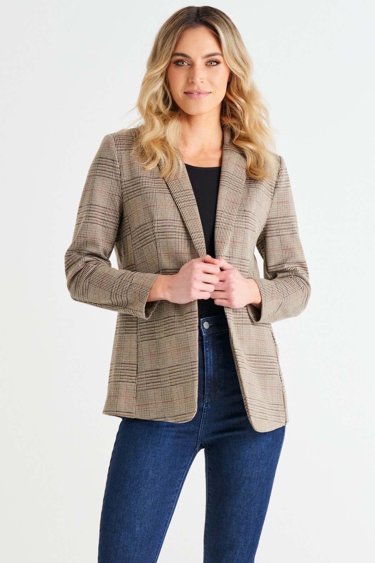 Betty Basics Portsea Blazer in Mocha Plaid - Hey Sara