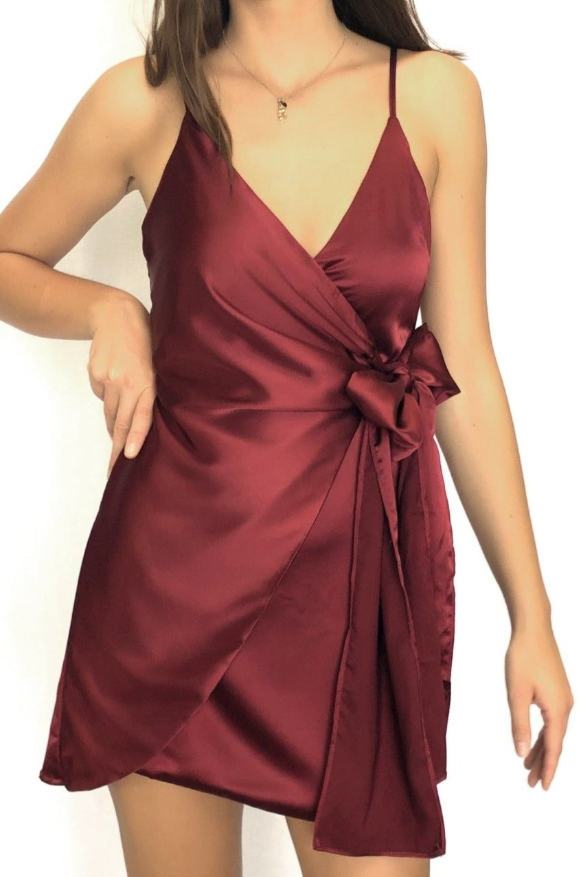 Shine Faux Wrap Mini Dress in Wine Red | Saints + Secrets