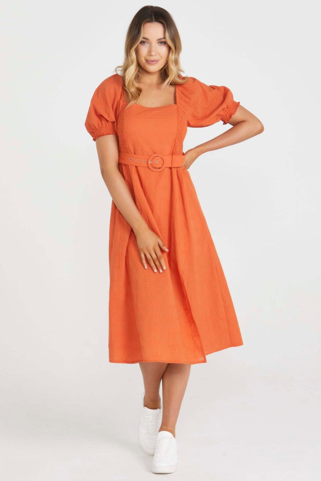 asher midi dress Asher Midi Belted Dress in Burnt Orange | SASS