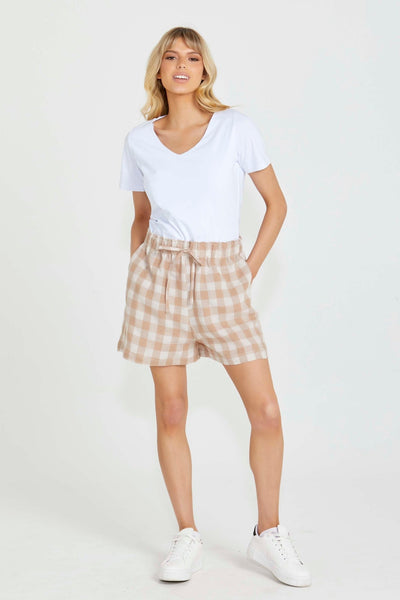 Sass Stevie Drawcord Short in Mocha Check - Hey Sara